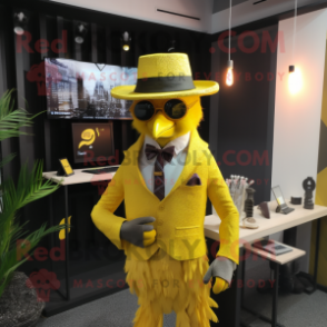 Yellow Harpy mascot costume character dressed with a Blazer and Hats