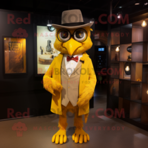 Yellow Harpy mascot costume character dressed with a Blazer and Hats