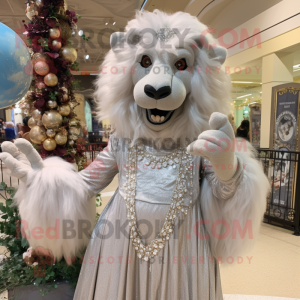 Silver Lion mascot costume character dressed with a Ball Gown and Necklaces