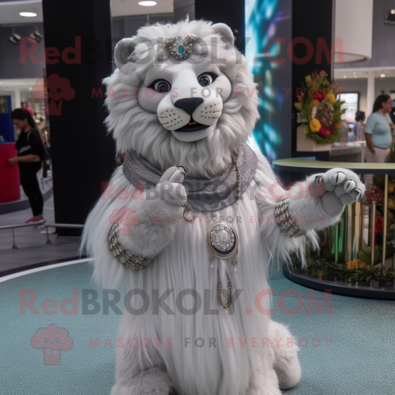 Silver Lion mascot costume character dressed with a Ball Gown and Necklaces