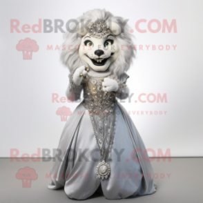 Silver Lion mascot costume character dressed with a Ball Gown and Necklaces