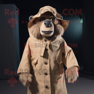 Beige Baboon mascot costume character dressed with a Raincoat and Cummerbunds