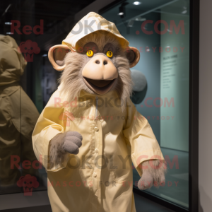 Beige Baboon mascot costume character dressed with a Raincoat and Cummerbunds