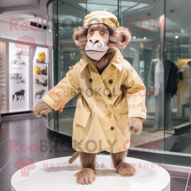 Beige Baboon mascot costume character dressed with a Raincoat and Cummerbunds