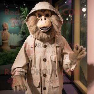 Beige Baboon mascot costume character dressed with a Raincoat and Cummerbunds