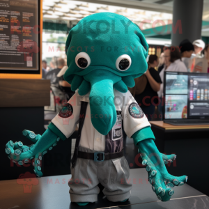 Teal Kraken mascot costume character dressed with a T-Shirt and Pocket squares