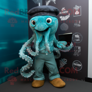 Teal Kraken mascot costume character dressed with a T-Shirt and Pocket squares