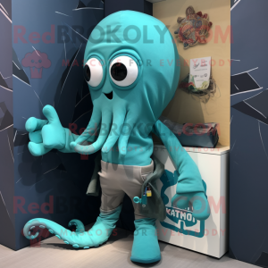 Teal Kraken mascot costume character dressed with a T-Shirt and Pocket squares