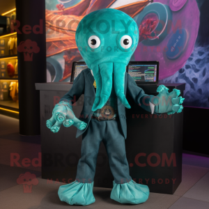 Teal Kraken mascot costume character dressed with a T-Shirt and Pocket squares