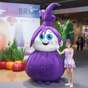 Purple Onion mascot costume character dressed with a A-Line Skirt and Hairpins