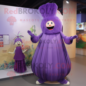Purple Onion mascot costume character dressed with a A-Line Skirt and Hairpins