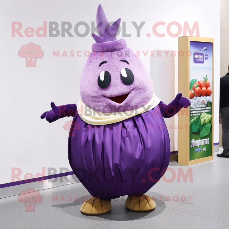 Purple Onion mascot costume character dressed with a A-Line Skirt and Hairpins