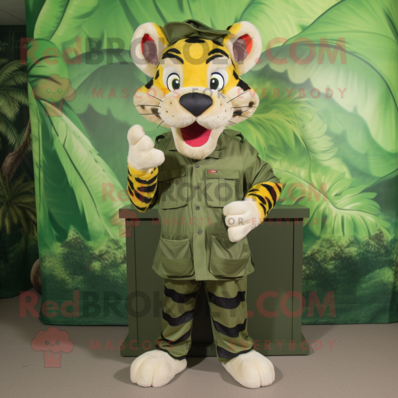 Olive Tiger mascot costume character dressed with a Cover-up and Suspenders