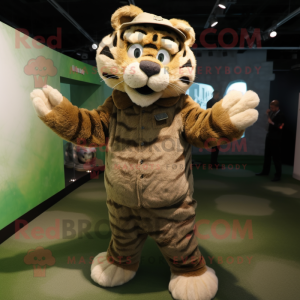 Olive Tiger mascot costume character dressed with a Cover-up and Suspenders
