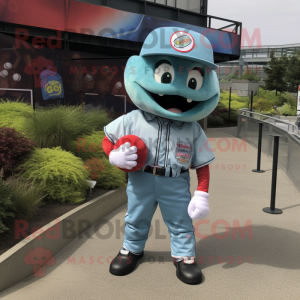 Teal Baseball Ball mascot costume character dressed with a Chambray Shirt and Hairpins