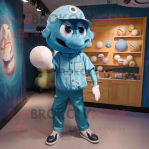 Teal Baseball Ball mascot costume character dressed with a Chambray Shirt and Hairpins