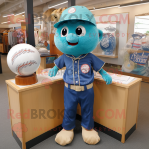 Teal Baseball Ball mascot costume character dressed with a Chambray Shirt and Hairpins