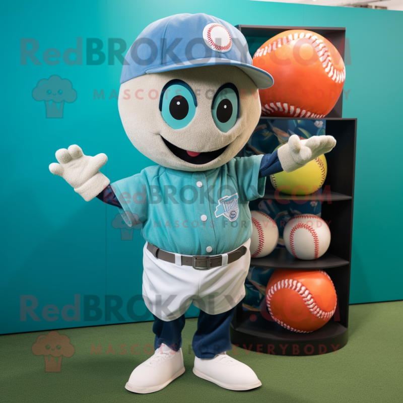 Teal Baseball Ball mascot costume character dressed with a Chambray Shirt and Hairpins