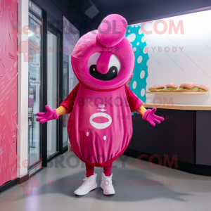 Magenta Donut mascot costume character dressed with a Midi Dress and Beanies