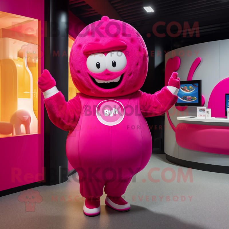 Magenta Donut mascot costume character dressed with a Midi Dress and Beanies Magenta Donut mascot costume character dressed with a Midi Dress and Beanies
