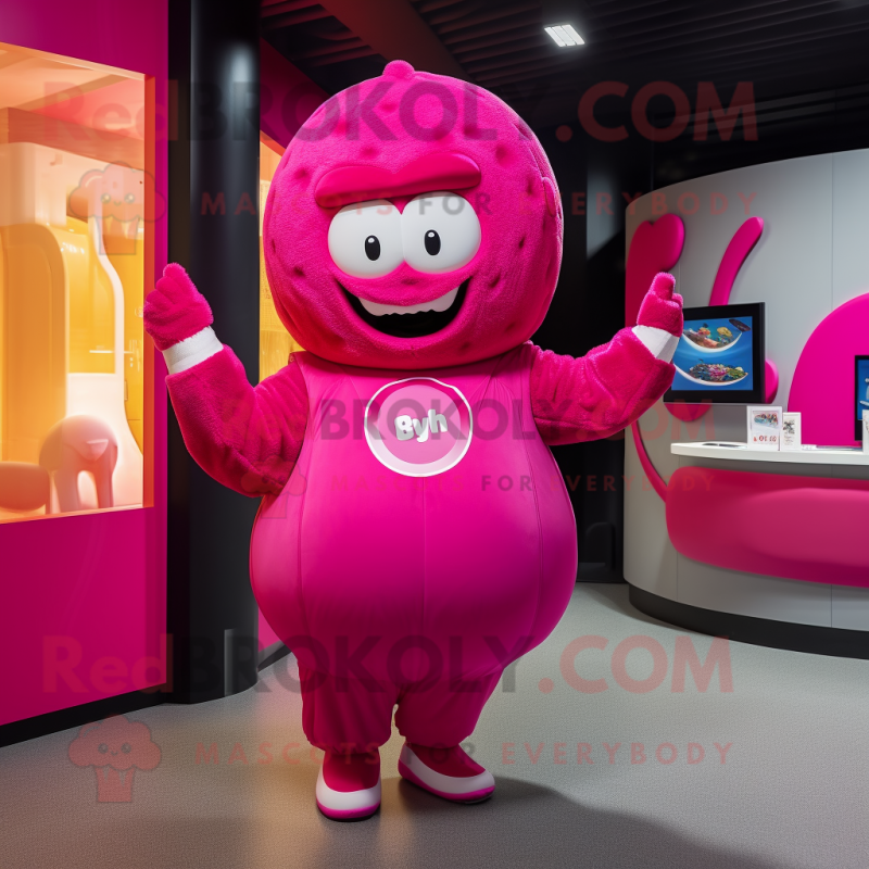 Magenta Donut mascot costume character dressed with a Midi Dress and Beanies