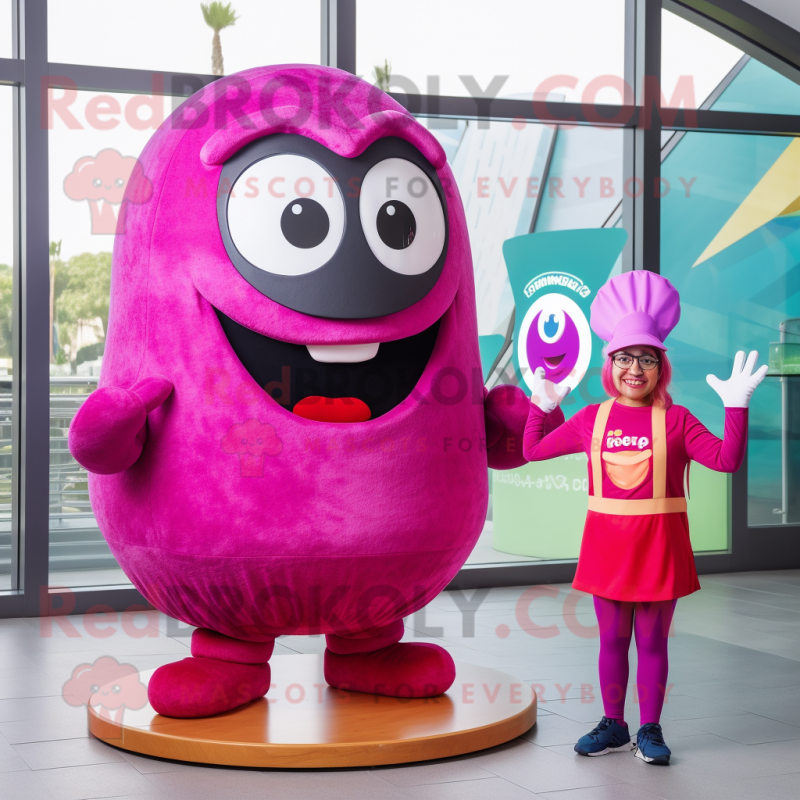 Magenta Donut mascot costume character dressed with a Midi Dress and Beanies Magenta Donut mascot costume character dressed with a Midi Dress and Beanies