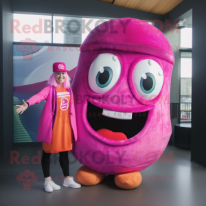 Magenta Donut mascot costume character dressed with a Midi Dress and Beanies