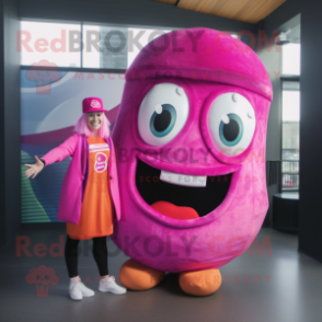 Magenta Donut mascot costume character dressed with a Midi Dress and Beanies