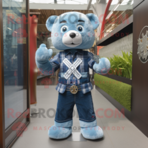 Sky Blue Celtic Cross mascot costume character dressed with a Denim Shorts and Watches