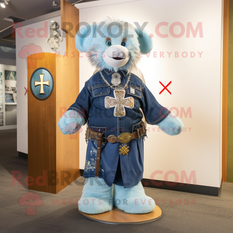 Sky Blue Celtic Cross mascot costume character dressed with a Denim Shorts and Watches