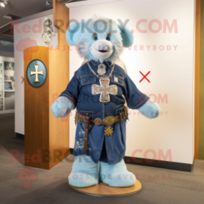 Sky Blue Celtic Cross mascot costume character dressed with a Denim Shorts and Watches