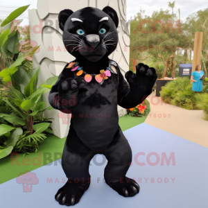 Black Panther mascot costume character dressed with a Wrap Dress and Hair clips