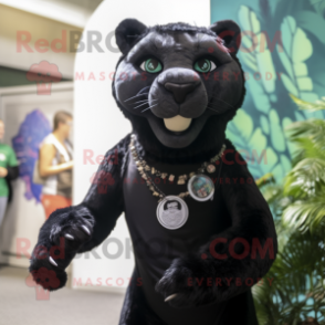 Black Panther mascot costume character dressed with a Wrap Dress and Hair clips