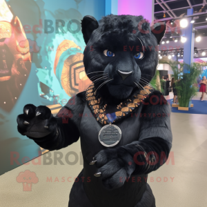Black Panther mascot costume character dressed with a Wrap Dress and Hair clips