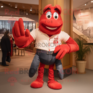 Red Lobster Bisque mascot costume character dressed with a Mom Jeans and Cufflinks