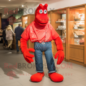 Red Lobster Bisque mascot costume character dressed with a Mom Jeans and Cufflinks