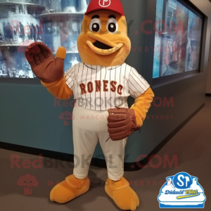 Rust Baseball Glove mascot costume character dressed with a Mom Jeans and Foot pads