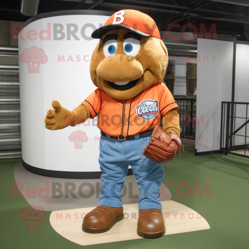 Rust Baseball Glove mascot costume character dressed with a Mom Jeans and Foot pads Rust Baseball Glove mascot costume character dressed with a Mom Jeans and Foot pads