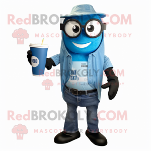 Blue Soda Can mascot costume character dressed with a Poplin Shirt and Reading glasses