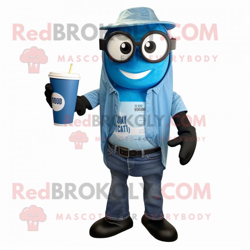 Blue Soda Can mascot costume character dressed with a Poplin Shirt and Reading glasses