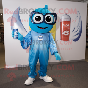 Blue Soda Can mascot costume character dressed with a Poplin Shirt and Reading glasses