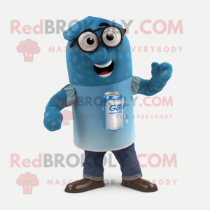 Blue Soda Can mascot costume character dressed with a Poplin Shirt and Reading glasses