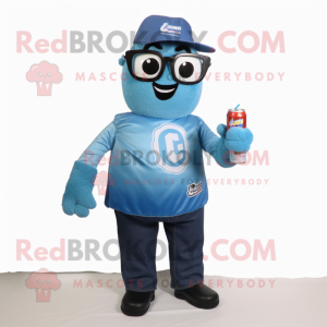 Blue Soda Can mascot costume character dressed with a Poplin Shirt and Reading glasses