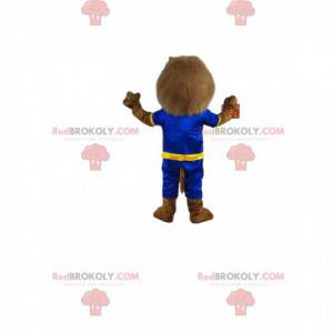 Brown lion mascot with blue and yellow sportswear -