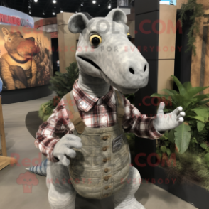 Gray Parasaurolophus mascot costume character dressed with a Flannel Shirt and Keychains