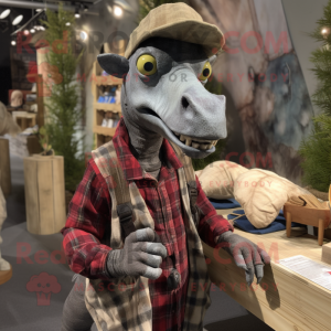 Gray Parasaurolophus mascot costume character dressed with a Flannel Shirt and Keychains