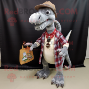 Gray Parasaurolophus mascot costume character dressed with a Flannel Shirt and Keychains