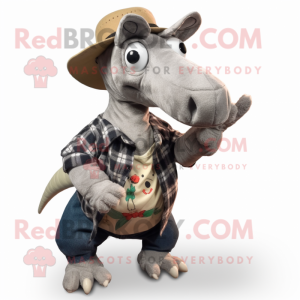 Gray Parasaurolophus mascot costume character dressed with a Flannel Shirt and Keychains