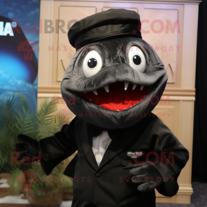 Black Piranha mascot costume character dressed with a Tuxedo and Beanies