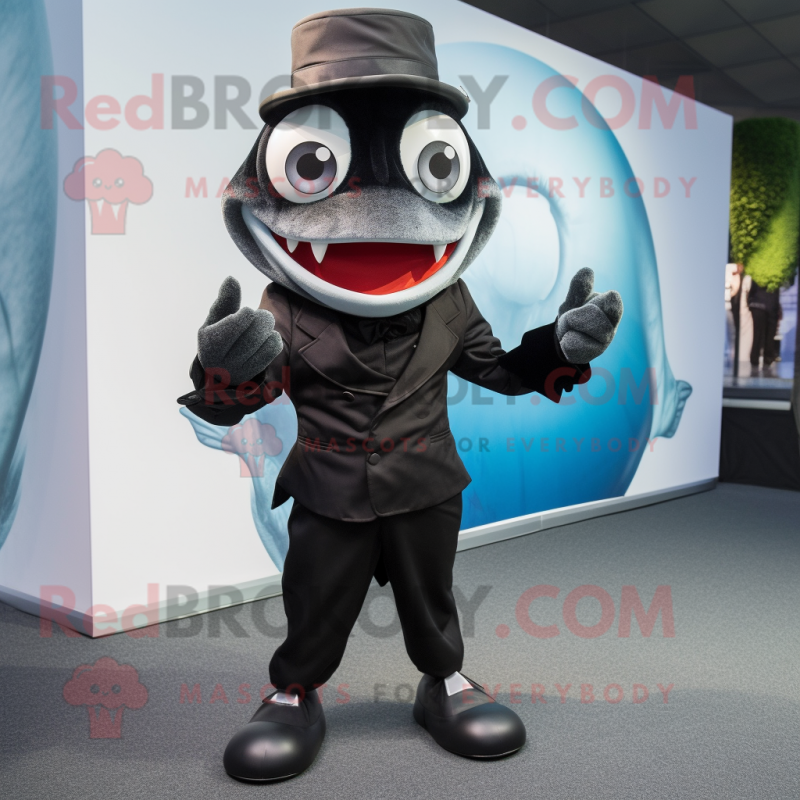 Black Piranha mascot costume character dressed with a Tuxedo and Beanies